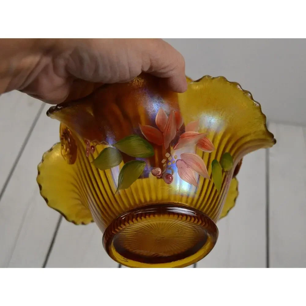 Vintage Fenton Amber Carnival Glass Basket, Christmas Poinsettia